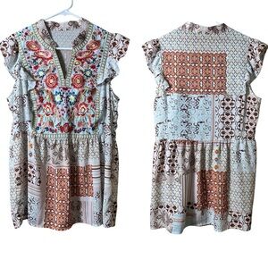 Boho Patchwork Embroidered Peasant Blouse Top Festival Hippie Folk Bohemian L/XL